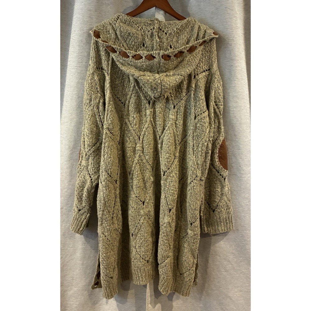 POL Cardigan Womens Large Chunky Knit Hooded Elbow Patch Oversized Boho Cottage - Picture 3 of 5